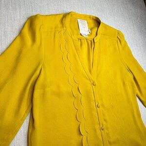 Meadow Rue Anthropologie Button Up Blouse Golden Yellow Top Scalloped Size 2